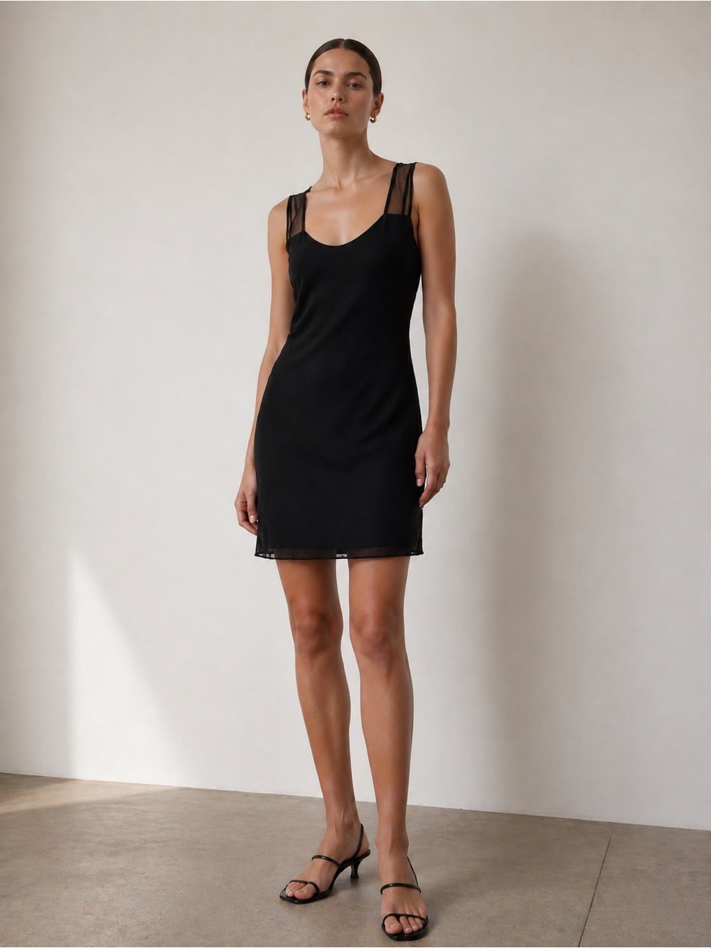 Y2K Betsy & Adam Black Sheer Mesh Overlay Mini Slip Dress Sz S Minimalist 90'S